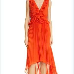 Self Portrait Pleated Chiffon Midi Dress Orange Color Size 4